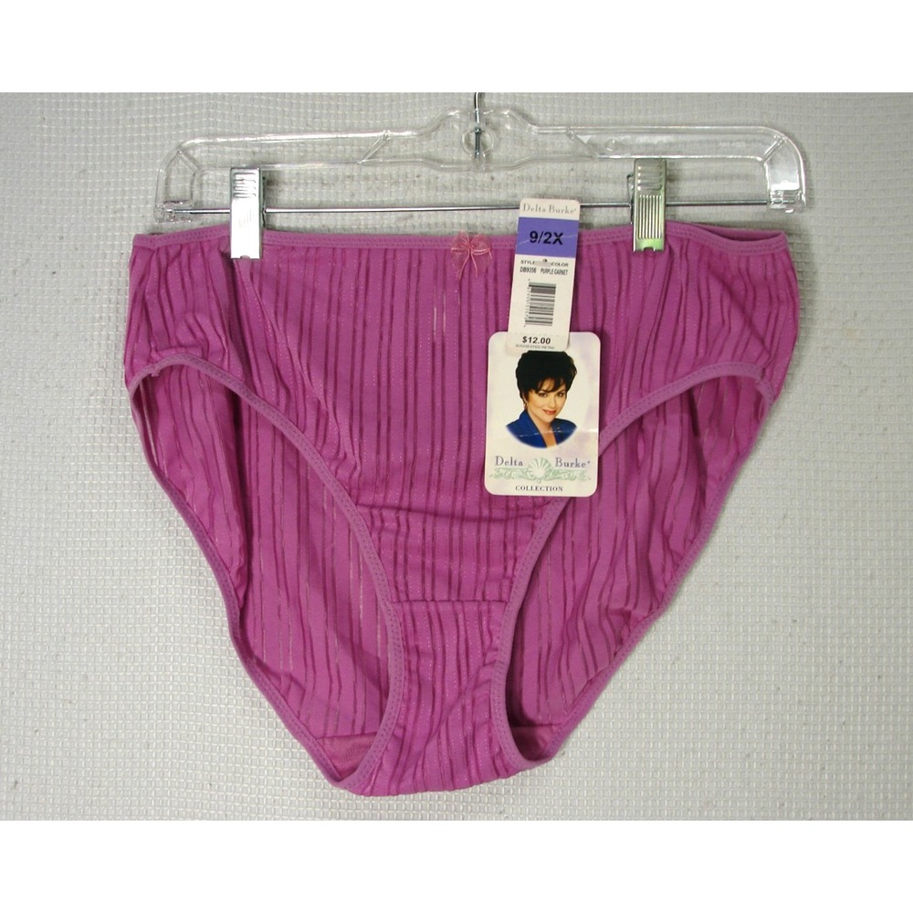 Vtg New Delta Burke Satin Sheer Stripe Hi Cut Panties Size 9/2X Garnet Purple